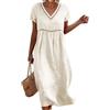 Onsoyours Vestito Estivo Donna Lungo Bohémien Elegante Maniche Corte Abito in Cotone Lino Casual Chic A-Linea Leggero E Traspirante Midi Abiti da Spiaggia Vacanza A Beige L