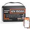 Humsienk batteria litio 12V 150Ah Bluetooth con protezione 110A BMS a bassa temperatura,1650Wh, 6000+ ciclo profondo, Batteria LiFePO4 per camper, barca, pannello