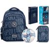 PRESTIGE & DELUXE Zaino scuola Napoli Tondo Blu Primaria secondaria con mini pallone + Astuccio 3 piani completo di cancelleria + Diario standard 18x14 cm + Borraccia + portachiave squadra