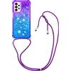 YAMCCCSE Custodia per Samsung Galaxy A23 5G con Cordino, Glitter Bling Liquido Cover Sparkly TPU Silicone Protettivo Morbido Brillantini Quicksand Cellulare Custodie con Cordoncino Case, Viola & Blu