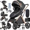 Veitoalioy PU Pelle Passeggino 3 in 1 Trio Neonati, Passeggini Per Neonato, Carrozzino multifunzione, Passeggino Pieghevole (V6 Black)