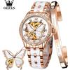 OLEVS orologi automatici da donna scheletro meccanico da donna elegante abito di lusso farfalla diamante cinturino in ceramica bianca regalo