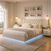 BRILVERDE Letto Imbottito 160x200 con Contenitore, Testiera Capitonné con Mensole Laterali, Rete a Doghe Sollevabile e Illuminazione LED, Rivestimento in Lino, Beige
