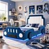 Kebnor Lettino per bambini, 90 x 200 cm, letto imbottito, letto singolo, design a forma di auto, con ringhiera di protezione, con LED, velluto blu