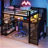 Zepneiy Letto soppalco singolo 90 x 200 cm con luminoso LED, letto a soppalco da gioco in metallo con guardaroba, scrivania e spazio di archiviazione, nero (materasso non incluso)