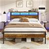 DICTAC Cornice per letto in metallo, 140 x 190 cm, con testiera a LED RGB, 2 prese AC + 2 porte USB (A&C), ripiani portaoggetti, stile industriale, montaggio facile