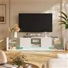 OLIVIBED - TV Lowboard con spazio per riporre oggetti, tavolo TV con 3 porte e ripiano in vetro, TV Bank per televisori fino a 85 pollici, mobile TV laterale per soggiorno, bianco, 200x35x45 cm