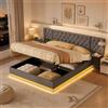 MIOOSUT Letto baule 160 x 200 cm, grigio lino, 2 tavolini comodino | Letto matrimoniale con porte USB, illuminazione a LED, grande baule sotto letto a sollevamento idraulico silenzioso
