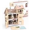 Speedy Monkey Flowers Cottage Starter Set: elegante casa delle bambole in legno, bella casa da gioco multicolore, certificata FSC, include mobili, giocattoli in legno per bambini