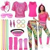 BIQIQI Costume Anni 80 Donna Accessori Neon Anni, T-Shirt, Top a Rete Fluo, Braccialetti, Collana, Orecchino, Marsupio Body, Scaldamuscoli, Occhiali, Guanti a Rete,Legging per anni '80 e '90