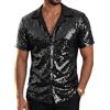 HAWILAND Camicia glitterata da uomo, a maniche corte, stile anni '70, per discoteca, feste, festival, rave, clubwear