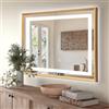 Dileci - Specchio da parete a LED 70 x 100 cm con cornice in legno - Illuminazione incorporata luce calda o bianca - Pulsante touch, funzione disappannamento e striscia LED impermeabile - ideale per