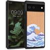 kwmobile Custodia Compatibile con Google Pixel 6 Cover - Back Case in Legno con Bumper in Silicone TPU - Onda Hokusai blu/bianco/marrone