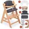 hauck Seggiolone Pappa Alpha Plus con Vassoio per Giochi in Legno, Cuscino - Seggiolone Evolutivo Legno dai 6 mesi - Naturale, Grigio scuro