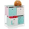 Relaxdays Scaffale per Giocattoli con 4 Scatole, per Bambini & Bambine Design-Lama Armadio HLP 62x53x30 cm, Multicolore, Vello, Ferro, plastica, 62 x 53 x 30 cm