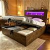 Moimhear Struttura letto con vano portaoggetti in legno, letto matrimoniale, sistema di sollevamento idraulico, testiera LED, prese e scomparti integrati, letto a piattaforma (legno vintage, 140 x 200