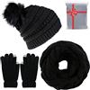 CheChury Cappelli Invernali Sciarpa e Guanti Calze Invernali Donna Set Cappello con Pompom Sciarpa Invernali Sciarpa Guanti Touch Screen Set all'Aria Aperta Regali Originali Berretto in Maglia
