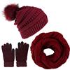 CheChury Set Invernale 3 Pezzi: Cappello con Pompom, Sciarpa e Guanti Touch Screen - Donna - Vino Rosso - Taglia Unica