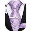 Barry.Wang Set da uomo composto da cravatta, fazzoletto da taschino, gemelli e clip, motivo: paisley, a quadri, floreale, in seta, per matrimoni, ricevimenti e affari formali, Lilla, Taglia unica