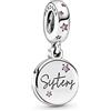 PANDORA Icons Ciondolo con scritta Sisters in argento con eleganti zirconi cubici rosa fucsia