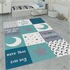Paco Home Tappeto per i bambini, tappeto per la camera dei bambini con stelle, luna e motivi a quadri, Dimensione:180x280 cm, Colore:Turchese