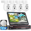 Hiseeu 【5MP+PoE PTZ】Hiseeu 5MP Kit Videosorveglianza PoE Esterno, Tracciamento Auto Rilevamento di Uomo, 8CH NVR 3TB HDD 10'' Monitor con 4X5MP Telecamera PTZ, 30m Visione Notturna a Colori, 24/7