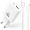 Waytex Pack caricatore rapido 45 W GaN + cavo USB-C a USB-C 1 m nylon intrecciato - presa elettrica compatta e cavo rinforzato 60 W - per iPhone 17, Samsung, MacBook, iPad e tablet - bianco