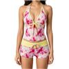 Generico Tankini Donna 2026 Mare Stampa a retrò Costume Due Pezzi Push Up Costumi da Bagno Tankini Imbottito Reggiseno Sexy e Slip da Bagno Per Spiaggia Vacanze E Piscina (D-Yellow, L)