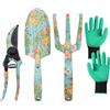 YTACREA Set di 4 Attrezzi Giardinaggio da Casa con Stampa Floreale, Kit Giardinaggio per Donna, Giardinaggio Attrezzi Includono Rastrello a Mano, Vangatrice, Guanti e Cesoie, Set Giardino, Verde