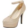 Lroey Reoly Décolleté Donna, Scarpe Tacco a Spillo Eleganti Scarpe da Sera Tacco Alto Punta Rotonda con Cinturino alla Caviglia con Plateau Brillantini Oro Numero 33 EU