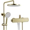 OihPaw Colonna doccia,Colonna doccia termostatica Oro spazzolato,kit doccia con getto a cascata per vasca,con soffione doccia 260 mm rotondo, doccetta,kit doccia regolabile in altezza e angolazione