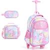 LIFEZEAL Set Zaino Scolastico 3 in 1 per Bambini 3+ Anni (Unicorno1) | Set di 3 Zaini Trolley con Rotelle con Borsa per Merenda, Astuccio per Matite, Maniglia Telescopica e Portabicchieri