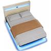 Xbro Letto Matrimoniale 140x200 cm con LED RGB APP, 2 Prese AC, USB e Type-C, Testiera Imbottita con Ripiano Integrato, Letto Fluttuante con Struttura in Metallo e Rete a Doghe