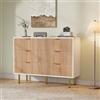 ZHDOKA Cassettiera a 6 cassetti, 100 x 34 x 73 cm, mobile di stoccaggio con gambe dorate e maniglie, cassettiera da corridoio in pannelli scanalati, armadio di stoccaggio moderno, colore legno