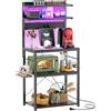 iSunirm Scaffale Cucina con Multipresa,Supporto per Forno a Microonde con Striscia Luminosa a LED,Portaoggetti a 5 Ripiani con 6 Ganci per Bar,40 x 60 x 147 cm,Nero