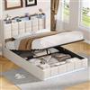BSCFHCZ Letto Contenitore 140x190 Matrimoniale Francese con Sollevamento Idraulico, Testiera Imbottita a Ala con Scaffale, LED e Porte USB/Type-C, Letto Moderno in Lino Beige, Salvaspazio, Nessun materasso