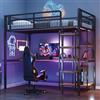 luckdect Letto a soppalco 140 x 200 cm, letto a castello con barriera di sicurezza e gradini delle scale, un posto illuminato con tavolo e mensole, recinzione metallica in rete di sicurezza
