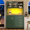 SACOOL Mobile da cucina a buffet, 105,5 x 40 x 180 cm, stile rustico, 4 ante, con striscia luminosa a LED e porta bevande, verde/nero/bianco