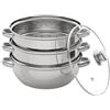 Jolre Set di pentole a vapore, 3 pezzi, in acciaio inox, efficiente, con fondo rinforzato e coperchio in vetro, rotonda, argento, 28 cm