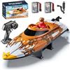 Hylukon Barca telecomandata, 25 km/h, barche da corsa Speedboat ad alta velocità, barca RC da 2,4 GHz con luci LED, allarme a bassa tensione, ripristino automatico con un clic (marrone)