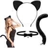 YUYWWAN Set di Accessori per Costumi da Gatto, Cerchietto con Orecchie Gatto Collana con Campanellino Coda di Gatta, Nero Accessori Costume da Catwoman per Donne Bambine Halloween Carnevale Giochi di Ruolo