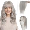 SEGO Pro 25cm Hair Topper Capelli Veri Donna #Grigio Silk Lace Extension Clip con Frangia Leggera Handmade Base 8x11.5cm (27g)