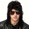 Siudus Vokuhila - Parrucca nera da uomo, stile anni '80, capelli ricci, in fibra resistente al calore, per feste in discoteca, rocker e Halloween