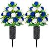 Raxfekro 2 Mazzi di Fiori Artificiali da Cimitero con Vaso, Bouquet di Rose Artificiali per la Decorazione Della Tomba del Cimitero Blu & bianco (2, Blu + bianco)