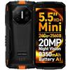 DOOGEENEXT Mini Smartphone Rugged Fire 3 Ultra, 24GB+256GB, 20MP Visione Notturna Telecamera, 5,5 HD+, Corpo Compatto+Facile da Impugnare, 8350mAh Batteria, AI Gemini,Cellulare Antiurto, NFC Arancione