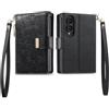 COQUE Custodia Portafoglio con Floreale per Samsung Galaxy Z Fold 8-Nero | Custodia in PU con 3 alloggi, cavalletto, chiusura lampo, lembo magnetico, cinturino, protezione totale