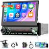 Hodozzy DAB 1 Din Autoradio Schermo Retrattile con Wireless Carplay Android Auto, 7 Pollici Motorizzato Touch Screen Stereo 1Din con Mirror Link, Bluetooth, USB, EQ, Type-C, FM Radio, SWC, Telecamera