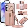 YANJIEER ESONG Cover per Samsung Galaxy A25 5G Portafoglio Case con Cordino Cinturino e Ring,Custodia A Libro In Pelle Flip Cerniera,Caso per Donna Con Porta Carte,Magnetica,Supporto Rosa
