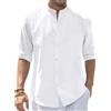 J.VER Camicie a Maniche Lunghe in Lino e Cotone da Uomo, Stile Casual, con Bottoni, Scollo a Banda, per Spiaggia, Estate, con Taschino, A-Bianco, Large, A-Bianco, L