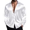 Barry.Wang Camicie da uomo a maniche lunghe, elasticizzate, tinta unita, con bottoni, in raso, per occasioni formali, casual, aziendali, matrimoni, feste, bianco, L